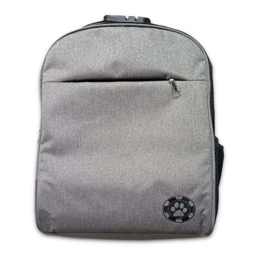 Gray backpack featuring a standard black BLFC poker chip logo in the bottom right corner.