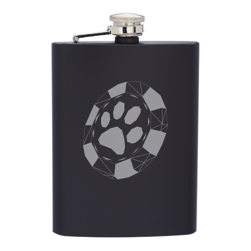 Black flask featuring a gray wireframe-like BLFC poker chip logo.