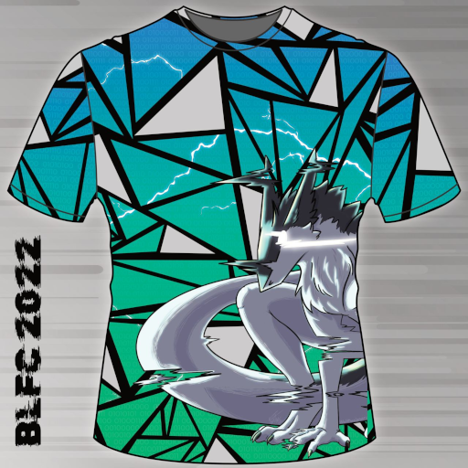 Convention themed t-shirt, featuring a geometric pattern and a sergal.