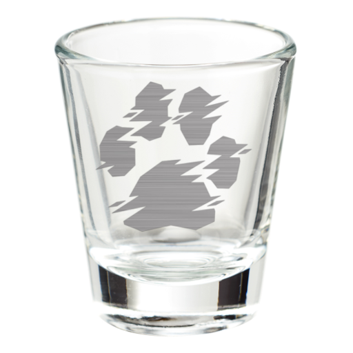 Shotglass featuring a glitchy/fazed-out BLFC paw logo in gray.